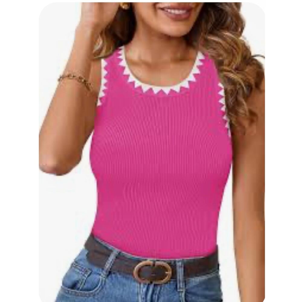 R101 NWT Merokeety Large Fitted Ribbed Pink Sleeveless Top R0000101